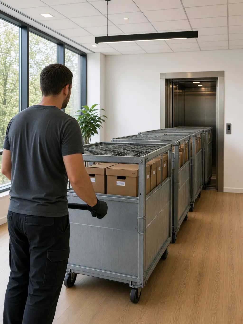 Medewerker duwt een verzegelde rolcontainer vol archiefdozen richting de lift
