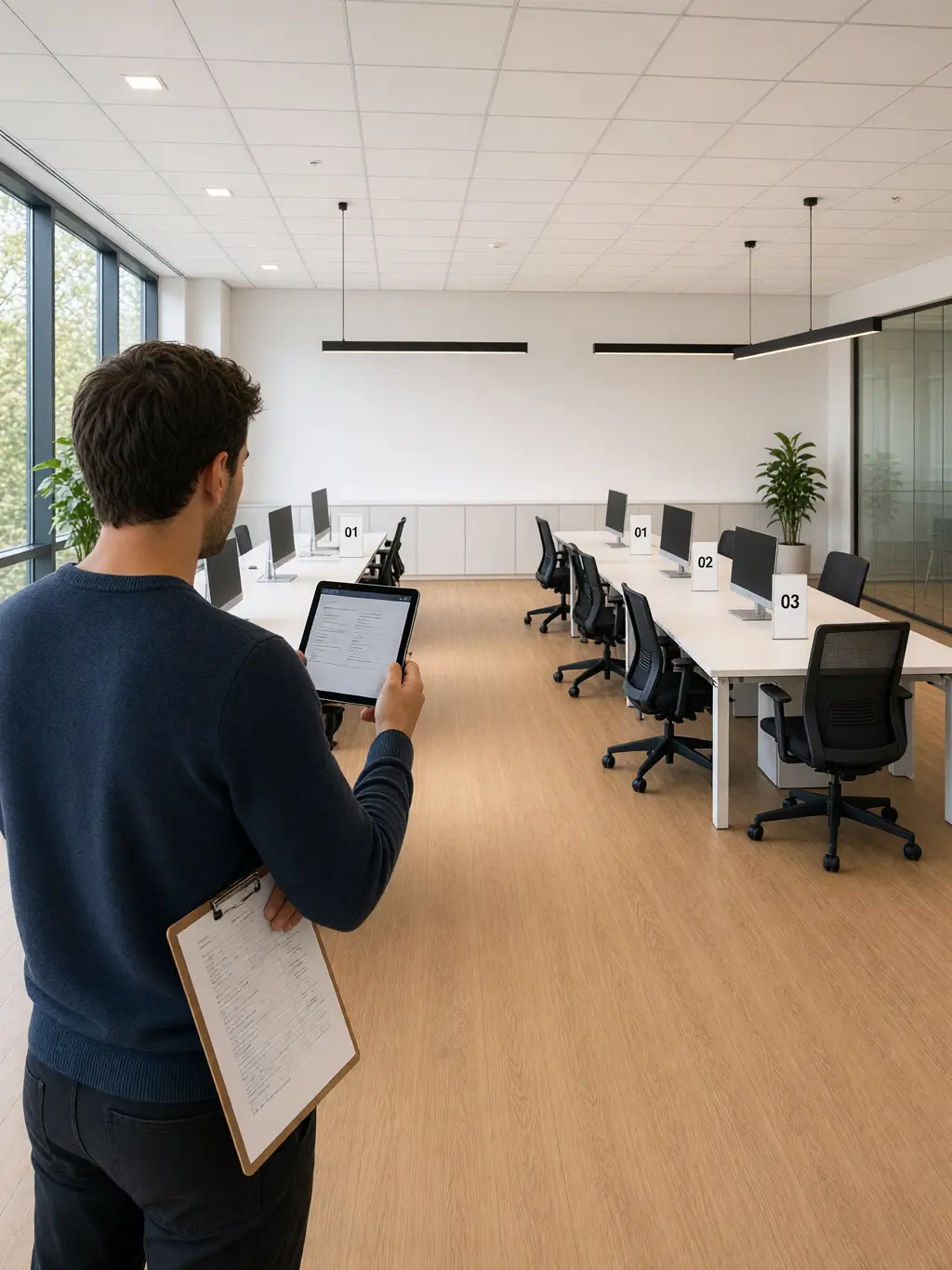 Medewerker fotografeert genummerde werkplekken met een tablet voor de inventarislijst