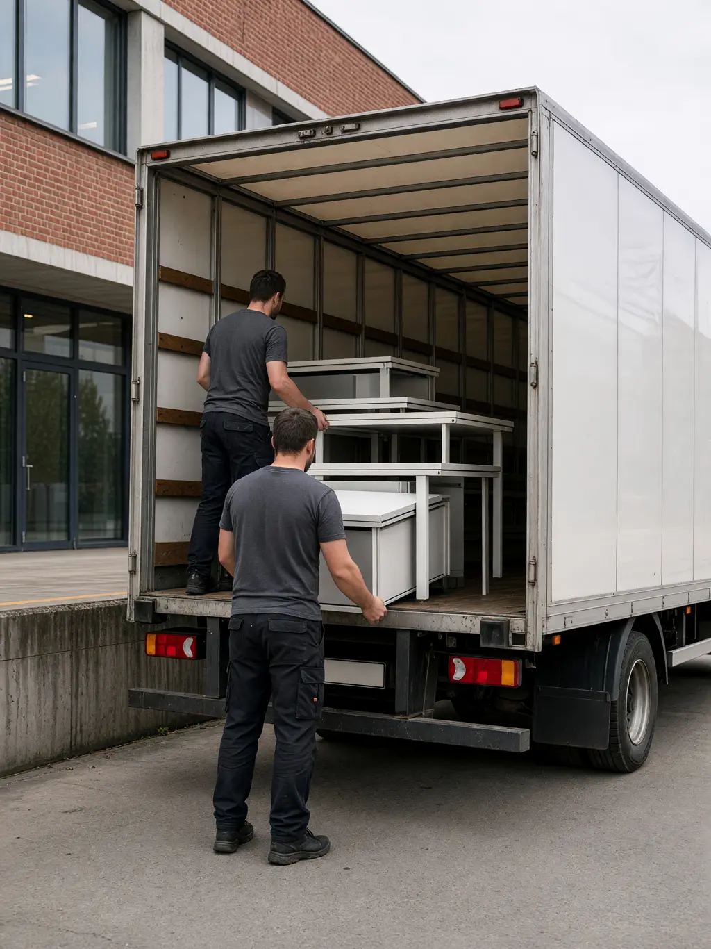 Medewerkers laden gedemonteerde bureaus in een vrachtwagen met open laadruimte aan een laadkade