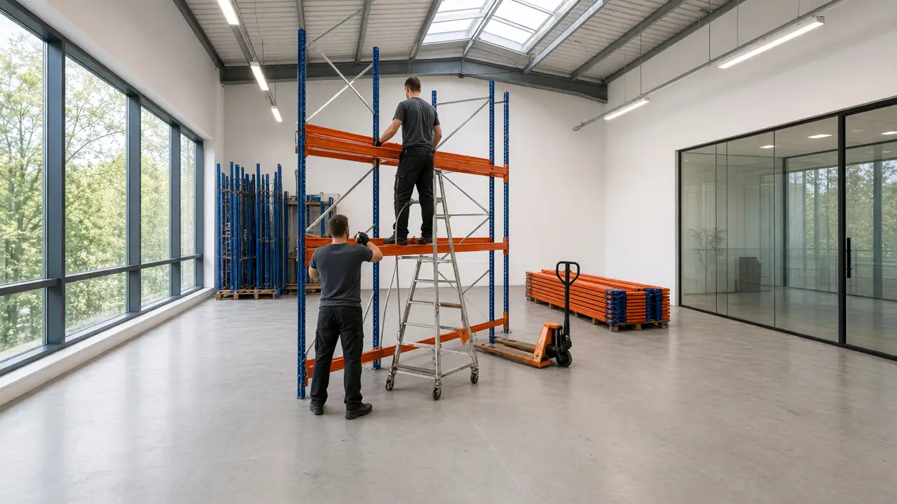 Twee medewerkers demonteren palletrekken in een magazijn, de liggers netjes gestapeld op pallets