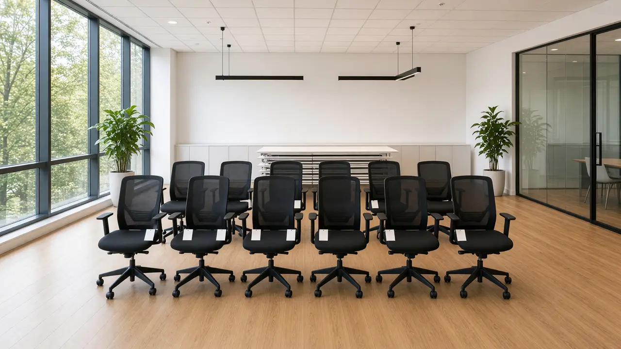 Twee rijen identieke bureaustoelen met taxatielabels, klaargezet voor opkoop in een leeg kantoor
