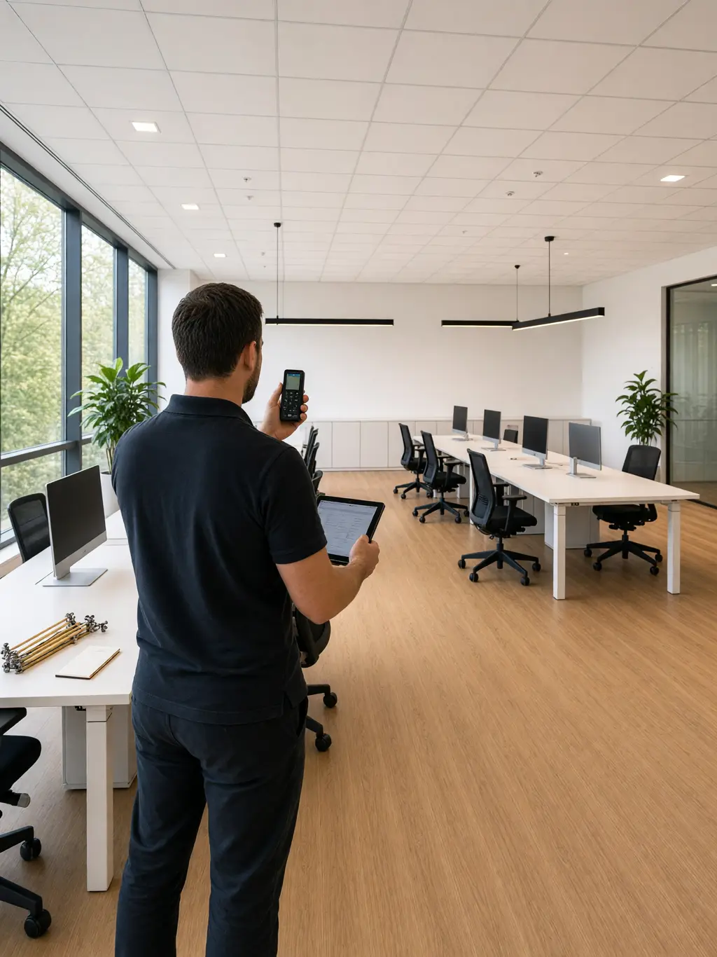 Medewerker meet een kantoorruimte op met een laserafstandsmeter en noteert op een tablet