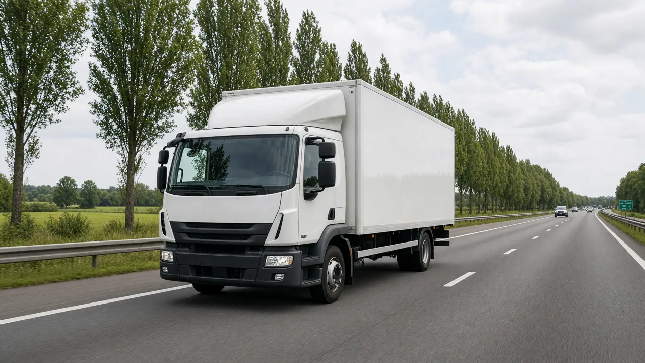 Witte vrachtwagen van de ontruimingsploeg onderweg op een Belgische autosnelweg tussen populieren