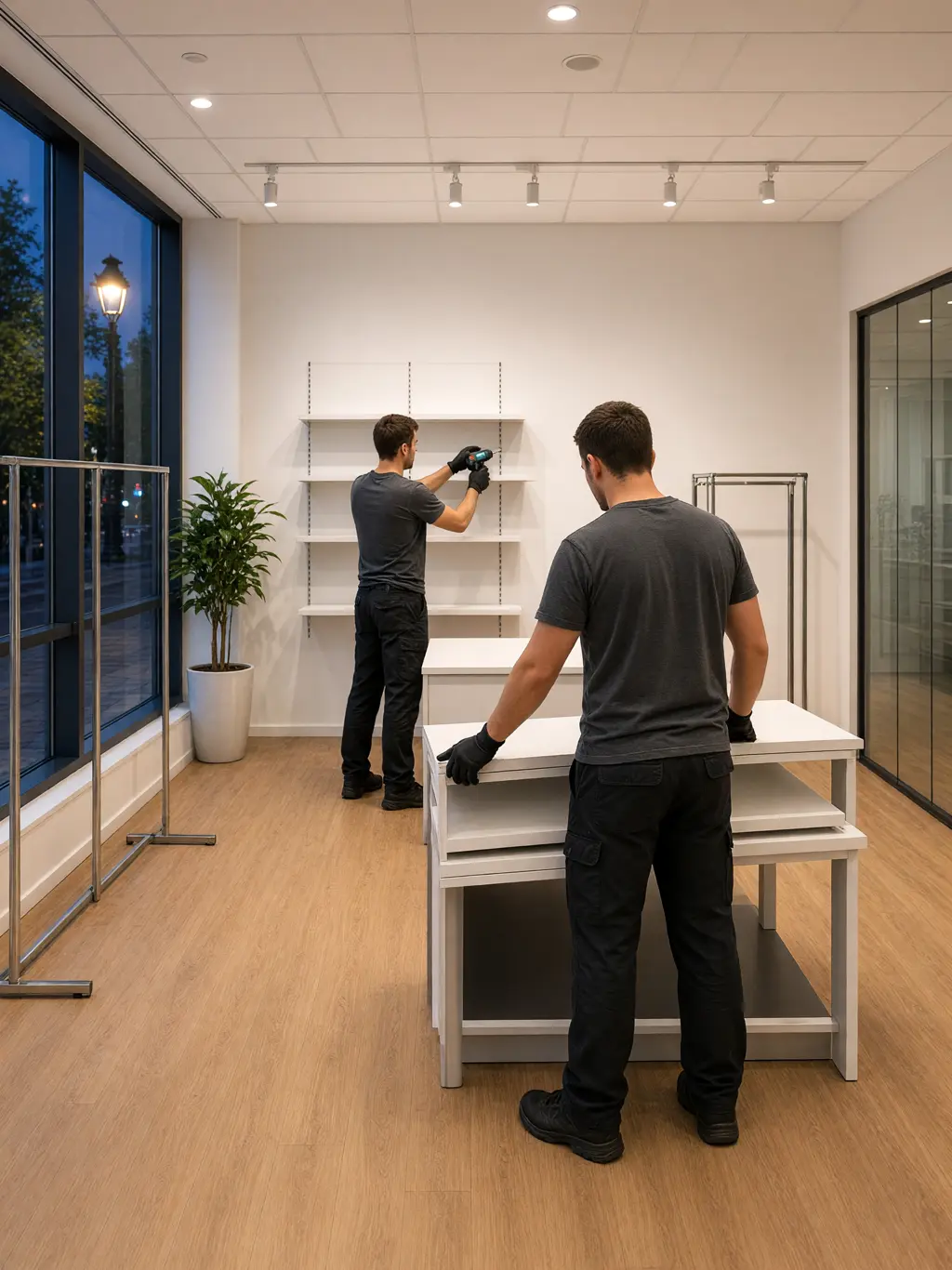 Twee medewerkers demonteren 's avonds wandrekken en presentatietafels in een winkel